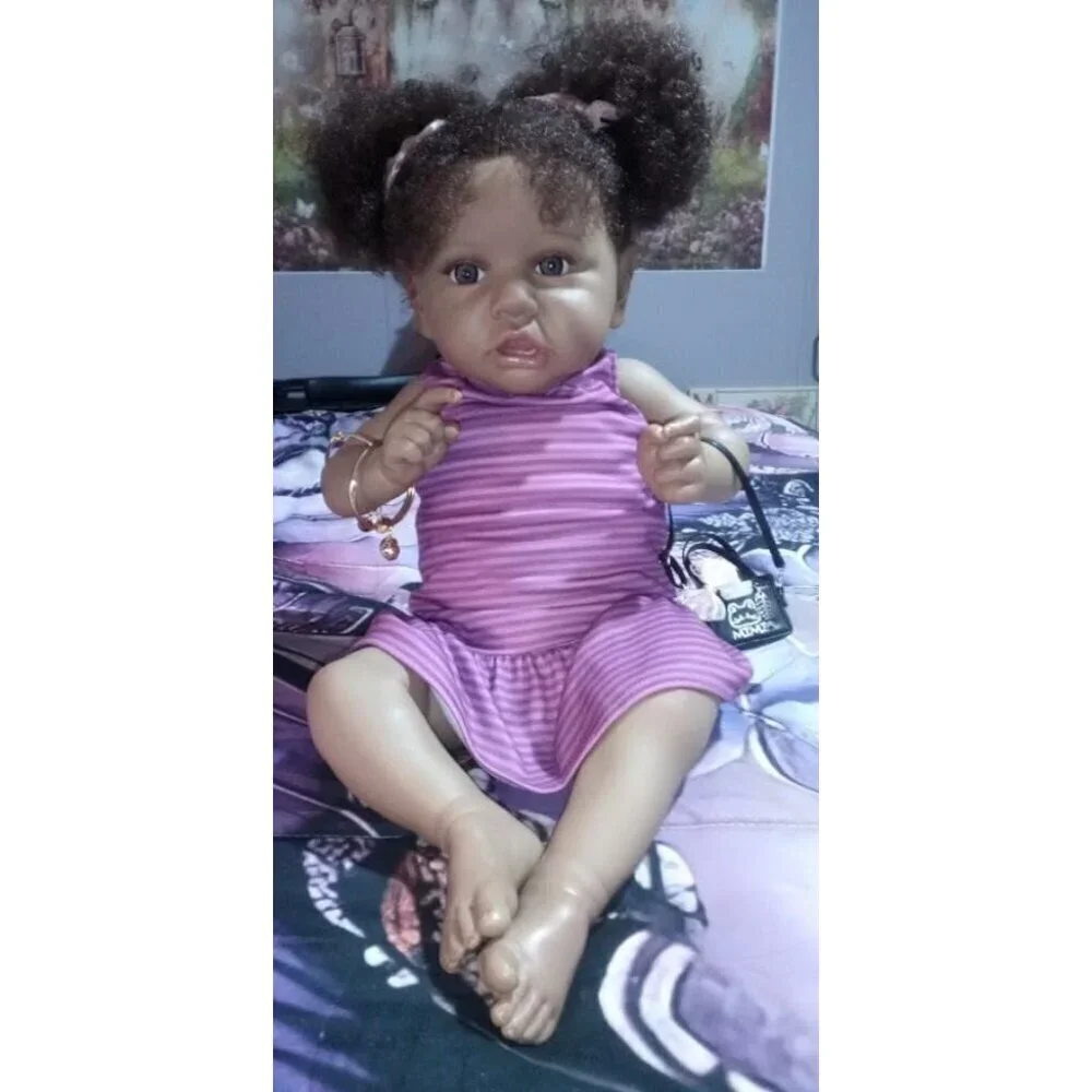 🆕22Inch African Americans Newborn Doll with Soft Cloth Body with Two Afro Puff